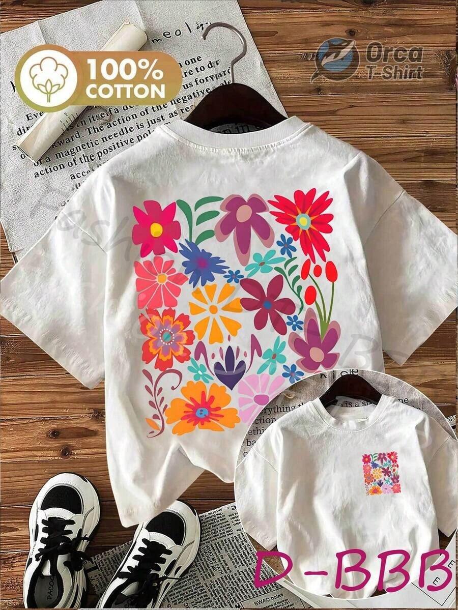 Women's Casual Spring/Summer T-Shirt With Colorful And Contrasting Floral Prints, Double-Sided Print, Cute Retro Style, Crew Neck And Short Sleeves, Perfect For The 4th Of July, World Cup Match Day, Soft And Lightweight T-Shirt, Easy To Match With Any Outfit. Women's 100% Cotton Graphic T-Shirt, Brokey Y2K Style, Crew Neck, Loose Fit. - 白色 - 查看 1