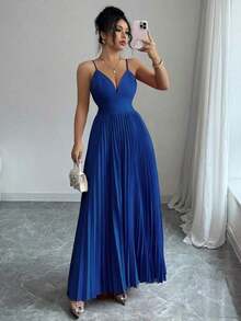 Vestido elegante y sexy para mujer con tirantes finos y espalda con cruce - Azul - Ver 3