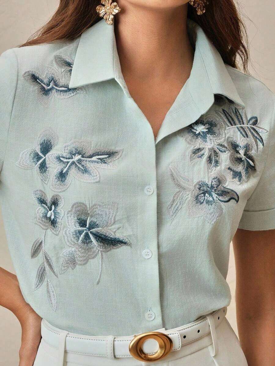 Blusa de mujer con bordado floral elegante de manga corta, versátil para vacaciones, viajes, primavera/verano, festivales, graduación - verde menta - Ver 1