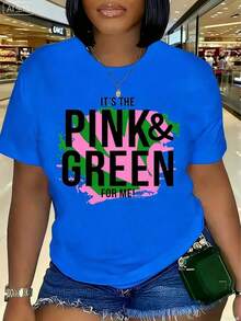 Women's Graphic Crew Neck T-Shirt J15 AKA 1908 - Black With Pink And Green Empowerment Slogans, Breathable, Short Sleeve, Summer, Machine Washable, Festive Wear, Comfortable Fit, Loose And Comfortable, Casual Comfortable T-Shirts - 藍色 - 查看 2