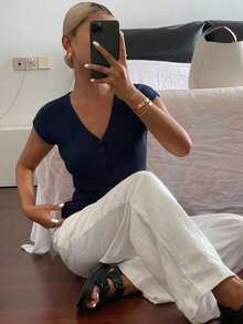 Cárdigan casual de verano para mujer, de unicolor, ajustado, de cuello en V, elástico y delgado - Azul marino - Ver 3