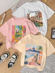 1 pieza/Set de camiseta de manga corta con cuello redondo y estampado de paisaje, nueva colección de verano, casual, moderna y versátil para uso diario de mujeres. - Albaricoque - Ver 2