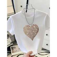 Camiseta de mujer con estampado de corazón con brillo dorado, corte cómodo, cuello redondo, manga corta, adecuada para todas las estaciones y viajes diarios. - Blanco - Ver 1