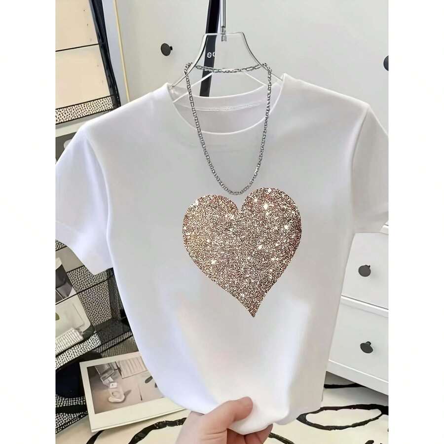 Camiseta de mujer con estampado de corazón con brillo dorado, corte cómodo, cuello redondo, manga corta, adecuada para todas las estaciones y viajes diarios. - Blanco - Ver 1