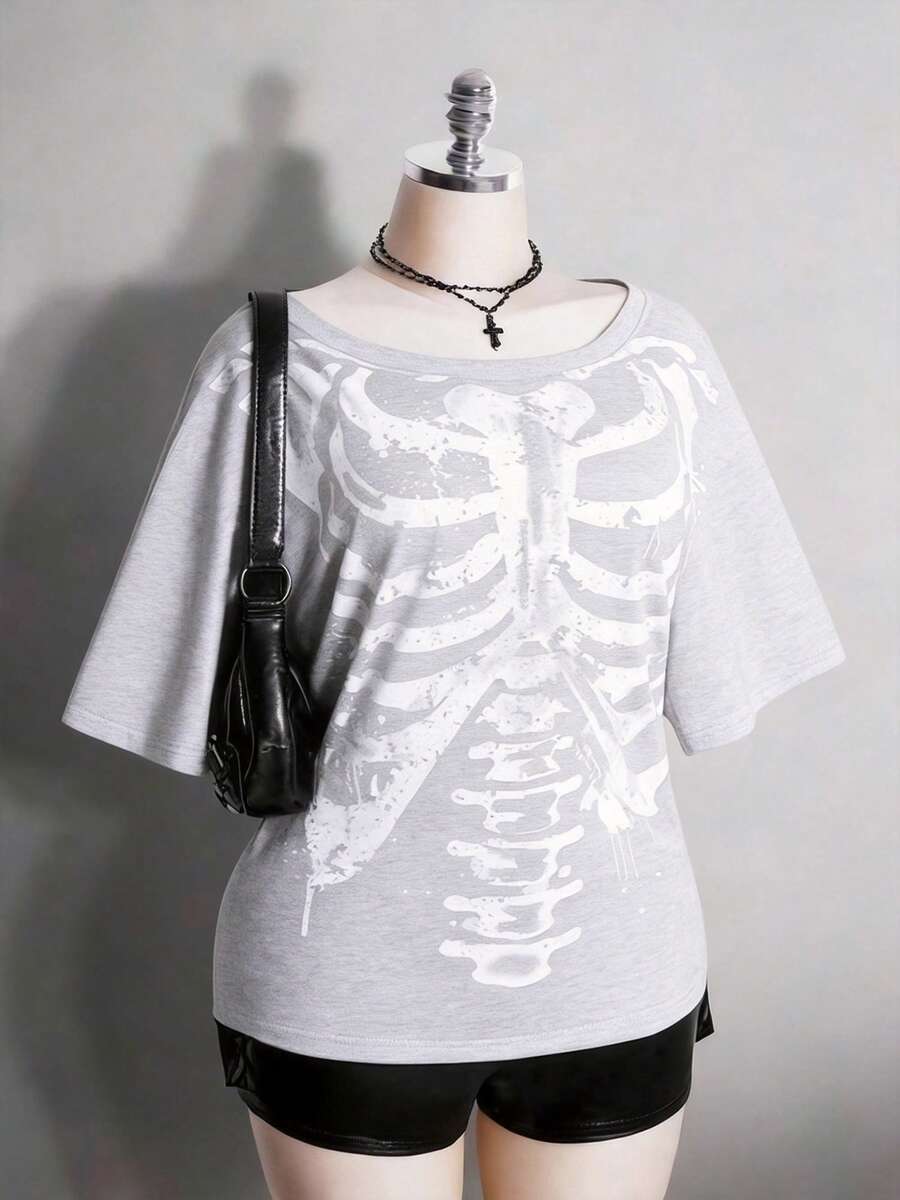 Colección verano 2026. Camiseta holgada mujer talla grande, estampado calavera y rosa gótico punk, estilo retro vanguardista. Tallas 3–7XL, apta otoño-invierno. Envío gratis 24h. - Gris - Ver 1