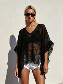 Women Sheer Poncho Tops Oversized Batwing Sleeve Blouse Contrast Lace See Through Mesh Cover Up Ruffle Flowy Boho Shirt - 黑色 - 查看 4
