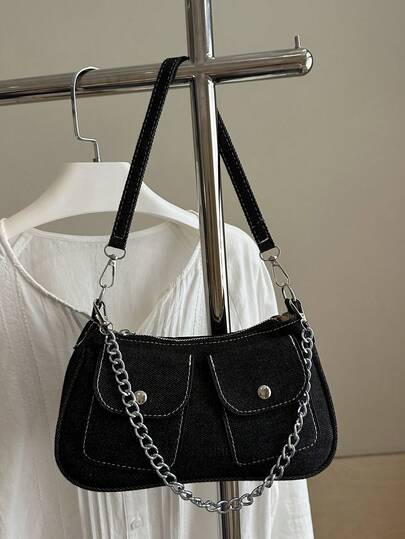 Bolso de hombro de mezclilla vintage desgastado, nuevo bolso de mano versátil para ir y venir, bolso de trabajo de cuello blanco