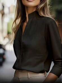 de unicolor de estilo europeo y americano de , diseño de cuello de satén, blusa elegante de manga larga y ajuste ceñido para primavera - Negro - Ver 2