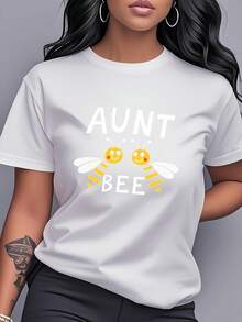 Bee Print T-Shirt, Short Sleeves And Round Neck, Women's Clothing, Casual And Versatile Style, Unique And Fun Design, Suitable For Daily Wear, Parties, Travel And Outings, Pure Cotton T-Shirt With Print For Women. - 白色 - 查看 7