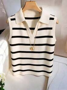 Chaleco de punto casual y elegante con cuello y rayas para mujer - Blanco y Negro - Ver 4