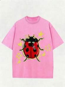 Washed Rose Red Unisex Tee, Star & Ladybug Print, Vintage Distressed Style, Premium Fabric, Summer Graphic Top, Ideal For Daily Wear & Holiday Gifts - 玫瑰紅 - 查看 14