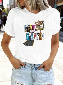 Camiseta de cuello redondo para mujer, estilo retro americano, corte regular, con estampado de texto ROAD TRIPPIN, ideal para compras informales, regalos de vacaciones, reuniones con amigos y ropa de verano. Atuendo casual diario de verano. - Blanco - Ver 1