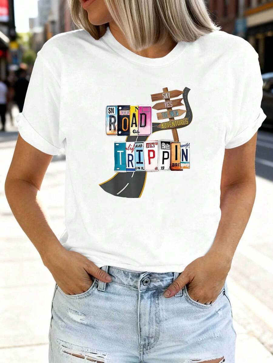 Camiseta de cuello redondo para mujer, estilo retro americano, corte regular, con estampado de texto ROAD TRIPPIN, ideal para compras informales, regalos de vacaciones, reuniones con amigos y ropa de verano. Atuendo casual diario de verano. - Blanco - Ver 1