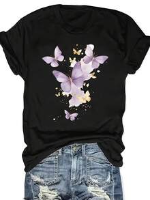Plus Size Women's Plus Size T-Shirt With Purple Butterfly And Letter Print - Round Neck, Warm And Casual For Winter, Comfortable Casual Clothing For Plus Sizes, Cozy Machine Washable Blouse For Autumn And Winter - 黑色 - 查看 5