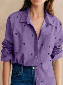 Camisa polo de manga larga con bolsillo y estampado de corazón de unicolor básico casual para mujer, adecuada para uso diario en , verano y otoño - Morado - Ver 2