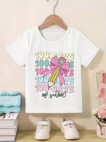 Camisetas para ni? Camisetas blancas de algodón de manga corta con estampado combinado Camiseta de celebración de los 100 días de escuela para niñas - Estampado de dibujo animado vibrante con lazo rosa y accesorios dorados, mezcla de algodón suave y transpirable, camiseta de manga corta casual para primavera y verano, perfecta para jugar al aire atuendo casual, ropa de juego para jóvenes, diseño juguetón para jóvenes, ropa cómoda para jóvenes, top de todas las estaciones, uso diario, mercancía de K-pop Style |   Ajuste cómodo - Blanco - Ver 1