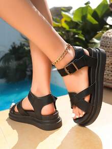 Women's White Cross Strap Platform Sandals, Summer Casual Open Toe Shoes With Adjustable Buckle Ankle Strap, Thick Black Non-Slip Sole, Lightweight PU Leather, Soft Breathable Insole, Comfortable All-Day Wear, Versatile For Beach - Black - View 3