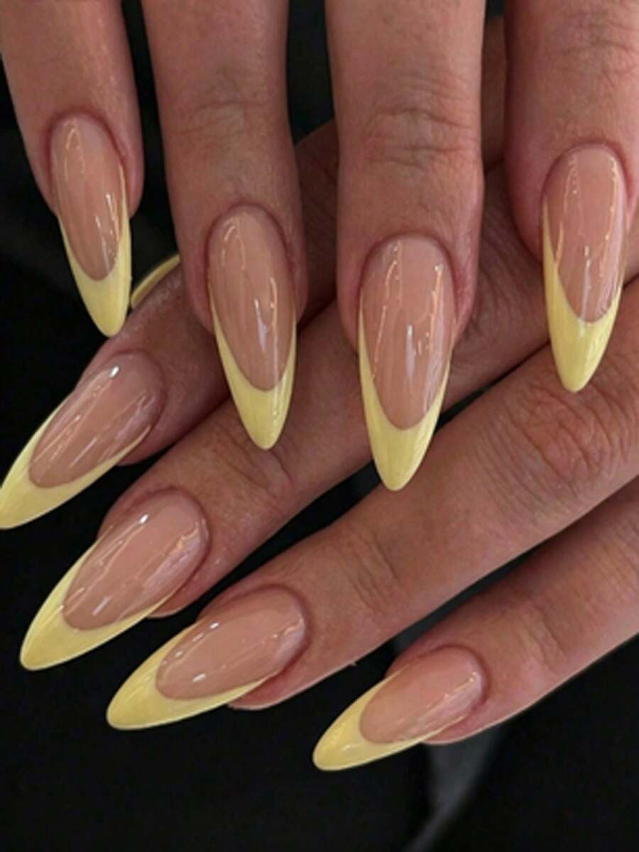 24 pièces Utilisez ce patch d'ongles français doux jaune abricot minimaliste pour rehausser l'apparence, parfait pour les fêtes, les rendez-vous et le port quotidien, convient aux femmes pour porter des faux ongles au quotidien - Jaune citron - Voir 1