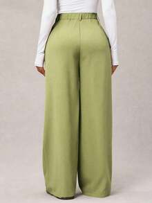 Pantalones anchos de pierna ancha de color café oscuro de moda minimalista para mujeres, pantalones de tela marrón de pierna ancha para el trabajo, pantalones de tiro alto de pierna ancha marrón para mujeres, pantalones de traje marrón para otoño/invierno - Verde - Ver 2