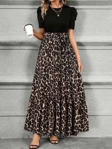 Vestido de línea A de Keke Bloomly para mujer, elegante manga abullonada con detalle de lazo en la cintura, cuello redondo, lavable a máquina, casual y semi-formal, tela ligera, estampado de leopardo, para primavera y vacaciones de verano - Marrón - Ver 2