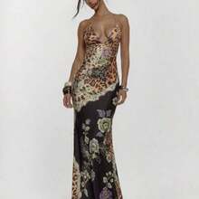 Lace Up Front Cup Detail Fitted Animal Print Maxi Dress Sexy Going Out Autumn Fall Night Out Cute Streetwear Party Elegant Spring Summer Vacation - Marrón - Ver 1