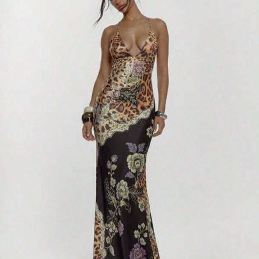 Lace Up Front Cup Detail Fitted Animal Print Maxi Dress Sexy Going Out Autumn Fall Night Out Cute Streetwear Party Elegant Spring Summer Vacation - Marrón - Ver 1