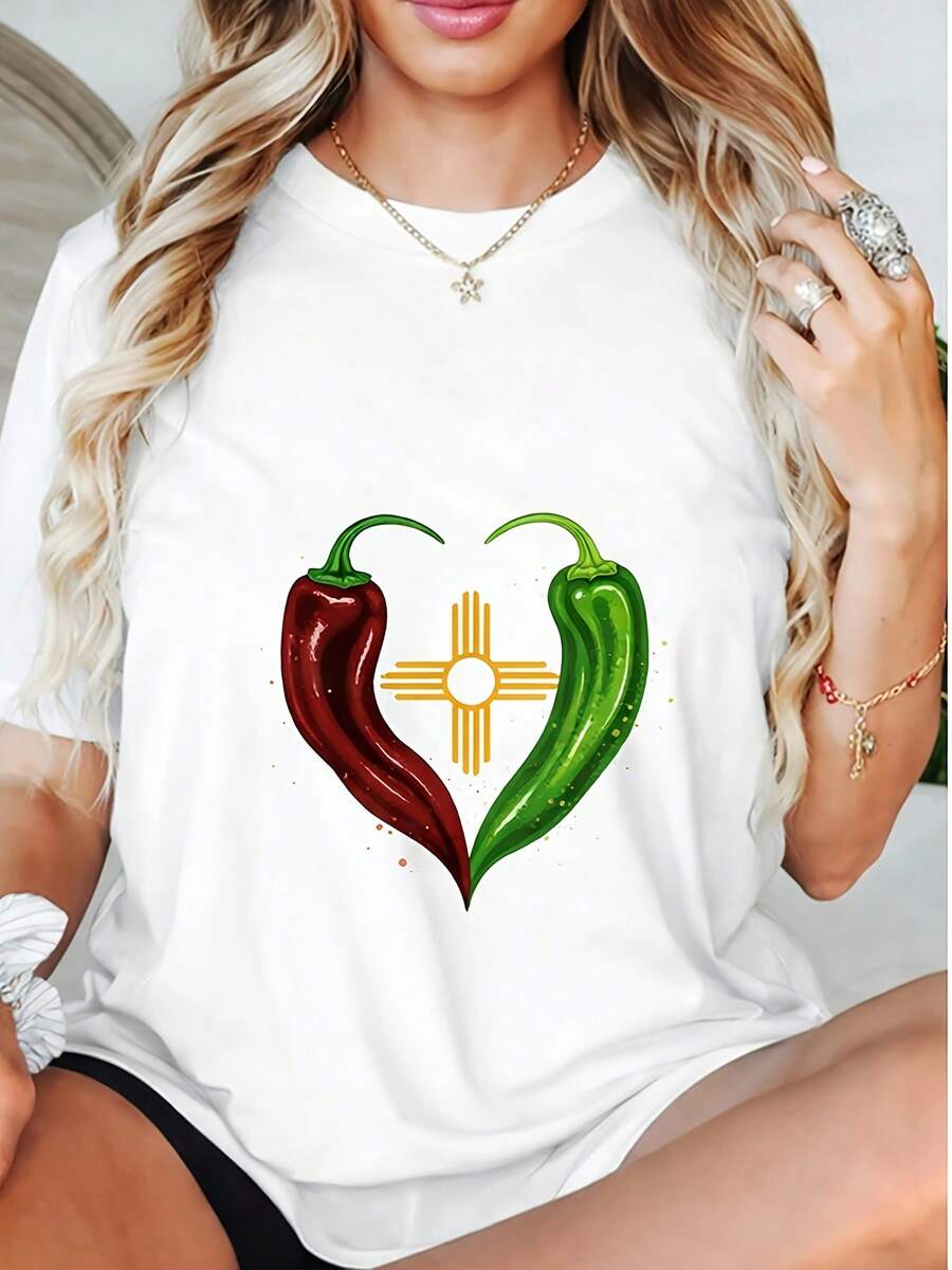 Camiseta de manga corta con cuello redondo y estampado de 180g, que celebra a Nuevo México, con un diseño de chiles rojos y verdes - básica y versátil. - Blanco - Ver 1