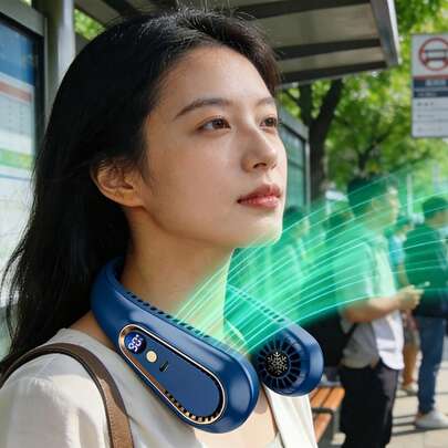 Korean Style High-Tech Bladeless Neck Fan, Minimalist Design, No Hair Entanglement, Digital Display Battery Level, Portable Outdoor Cooling Device, Slouchy Personal Silent Neck Fan, Suitable For Summer Outings, Commuting, Idol Chasing, Stylish And Cooling In One, Bladeless Safety + Strong Airflow, Korean Minimalist Style, Premium Quality, Festive Atmosphere.