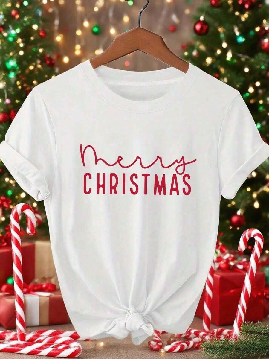 Women's Christmas Graphic T-Shirt - Casual Crew Neck, Short Sleeve, White With Festive Red And Green Design, Perfect For Spring/Summer Celebrations, Christmas T-Shirts - 白色 - 查看 1