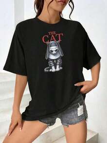 Camiseta divertida de gata monja para mujer - Gato gótico para Halloween, cosplay, ropa informal - Regalo de gato religioso para mujeres y hombres Blusas Bonito 100% Cotton - Negro - Ver 8