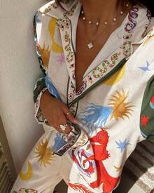 KZKZWK Women's Celestial Sun & Nature Print Kimono Shirt & Wide Leg Pants Two-Piece Set, Sold Out Viral Vacation Co-Ord, Bohemian Open Front Cover Up And Hig - Apricot - View 4