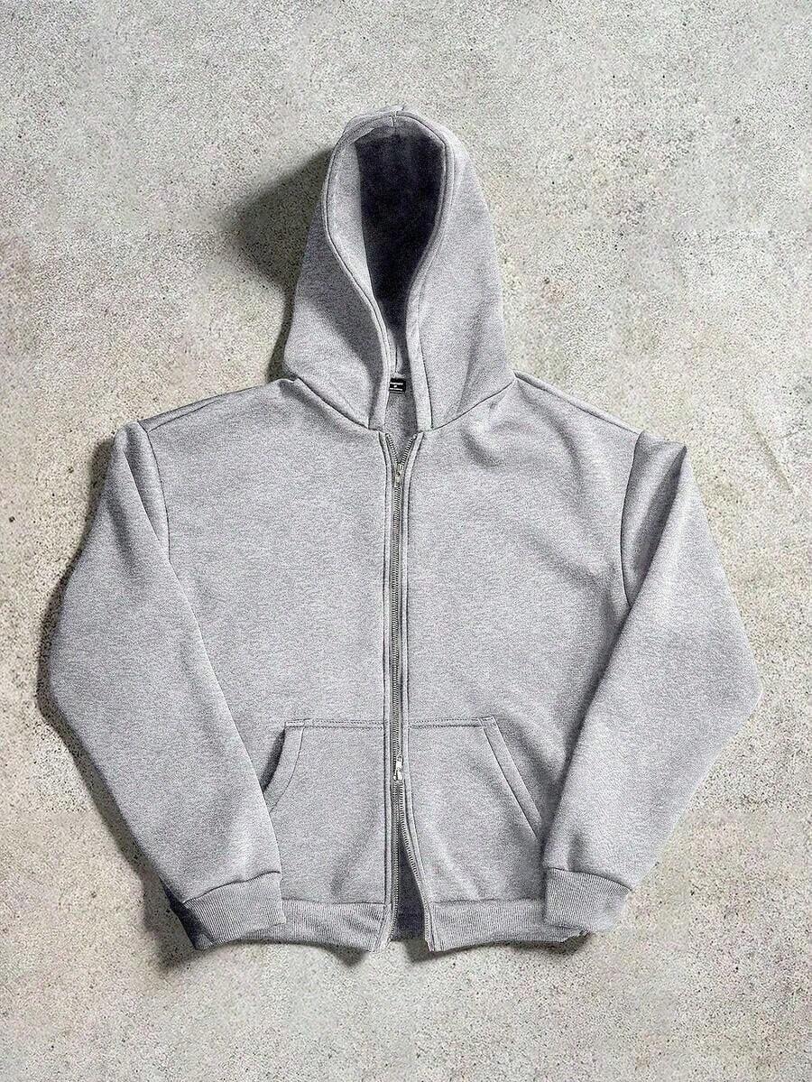 Manfinity Streetrush Black Hoodie, Men's Street Style, Popular INS Style, Basic With Double Pockets And Double Zipper, Thermal Lining, Casual, Gift For Boyfriend/Husband, Birthday Gift, Autumn/Winter - Màu Xám nhạt - Xem 1