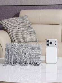 Tas Malam Kotak Rumbai Modis, Dompet Clutch Dekorasi Rhinestone, Tas Rantai Selempang Bahu, Tas Pesta Formal Wanita Gaya Eropa dan Amerika - Perak - View 7
