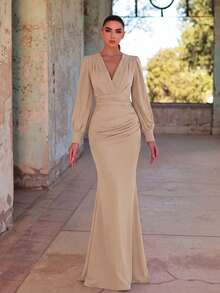 Elegant Bridesmaid Dress - Crossover Neckline, Ruffle Details, Fishtail Hem - Champagne - View 4
