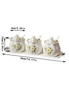 WGROOM 4pcs (1 Tray, 3 Jars, 3 Spoons) Ceramic Household Kitchen Pantry Storage Jars, Food Storage Containers, Spice Jars, Suitable For Salt, Sugar, Seasoning, Chili Powder, For Home, Party, Restaurant, Picnic, Wedding, Celebration, Party Service Tray - Multicolor - View 6