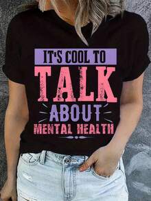 Camiseta Casual para Mujer Talla Grande - Estampado "Hablar de Salud Mental Está Bien", tela de punto suave y elástica, cuello redondo, mangas cortas, corte regular, lavable a máquina, top cómodo para primavera y verano, promoción de la conciencia sobre la salud mental. |     Cuello redondo casual |     Tejido de punto suave, camiseta de mujer - Negro - Ver 6