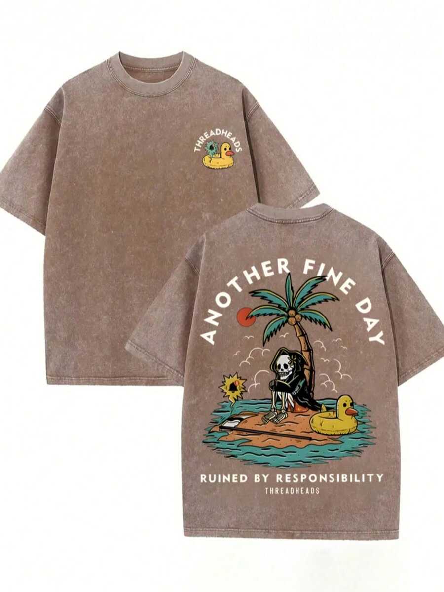 GLEC It's Another Sunny Day, A Time To Celebrate Summer Fun. The Most Valuable Summer Item Is Undoubtedly This Classic Retro-Style T-Shirt For Casual Vacations. A Versatile Urban Retro-Style Piece, It Features Popular Prints Like Swimming Ducks, Circles, Skulls, Coconut Trees, And Sunny Beaches. Made From 230g Washed Cotton Fabric, This High-Quality Men's Printed, Washed Cotton Retro-Style T-Shirt With A Relaxed Fit And Multiple Colors Is Perfect For Summer Outdoor Wear, Parties, And Gatherings. It Has A Good Thickness And Is Suitable For Everyday Wear, As A Gift For Friends, A Back-To-School Gift, A New Year's Gift, A St. Patrick's Day Gift, Or A Father's Day Gift. (Retro Style, Unisex) - 咖啡棕 - 查看 1