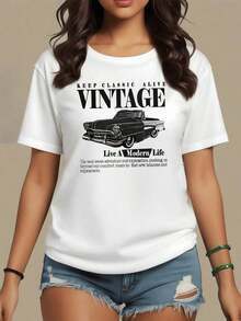 El estampado muestra un coche clásico que simboliza aventura libertad y nostalgia por la vida moderna inspirando explorar nuevos horizontes camiseta para mujer 100% algodón vintage casual,maija mujer curvy. - Blanco - Ver 1
