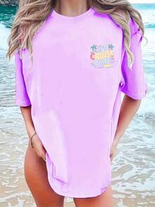 Women's Short-Sleeved T-Shirt With Round Neck, Front And Back Holiday Print, Casual Style For Spring/Summer, Comfortable And Versatile - 紫色 - 查看 2
