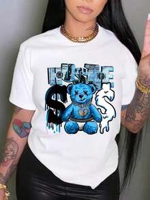Modern And Minimalist Cotton T-Shirt For Women With Cute Bear Print, Thick Cotton T-Shirt For Women For Christmas (PC) Casual For Everyday Wear - 白色 - 查看 1
