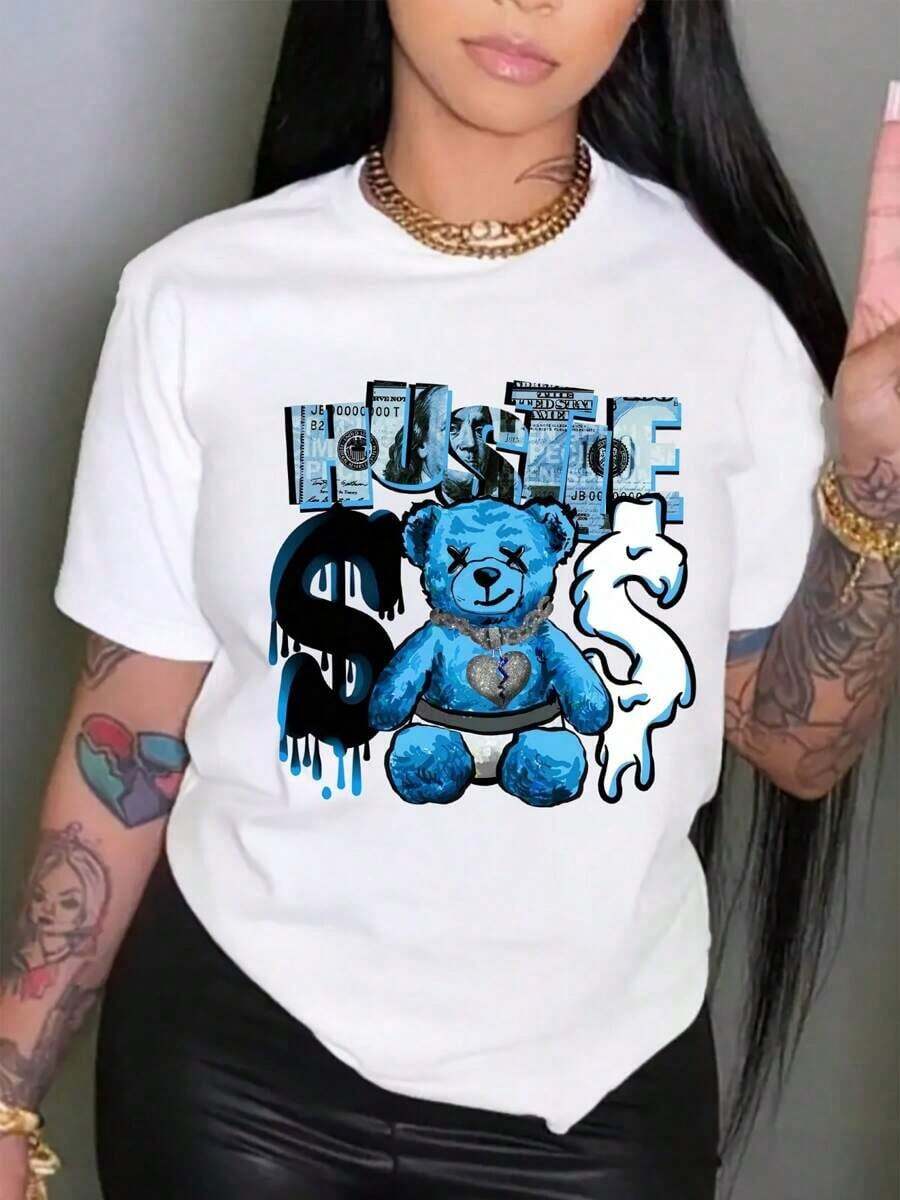 Modern And Minimalist Cotton T-Shirt For Women With Cute Bear Print, Thick Cotton T-Shirt For Women For Christmas (PC) Casual For Everyday Wear - 白色 - 查看 1