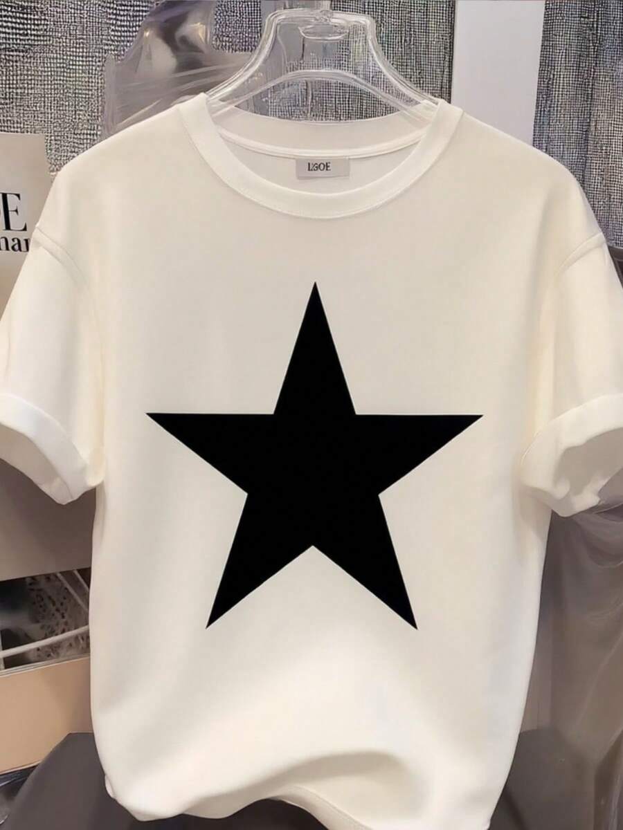 Camiseta de manga corta cuello redondo blanco de verano de mujer con estampado de estrella negra, camiseta casual y transpirable, i para regalos de Halloween o Navidad. Camiseta de cuello redondo blanco clásico para las mujeres, cómodo y eado, i para regalos de vacaciones