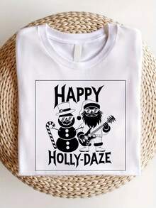 Mujeres blanco retro muñeco de nieve y guitarra impresión camiseta feliz navidad fiesta superior suave transpirable manga corta cuello redondo celebración de invierno suelto casual y todo el año holly berry muñeco de nieve patrón alén local entrega suave aodón cómodo descuento adecuado parascua, Halloween, Acción de Gracias, Navidad, etc. - Blanco - Ver 2