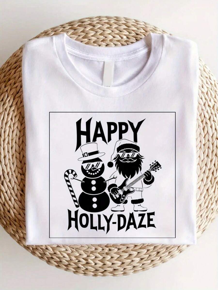 Mujeres blanco retro muñeco de nieve y guitarra impresión camiseta feliz navidad fiesta superior suave transpirable manga corta cuello redondo celebración de invierno suelto casual y todo el año holly berry muñeco de nieve patrón alén local entrega suave aodón cómodo descuento adecuado parascua, Halloween, Acción de Gracias, Navidad, etc.