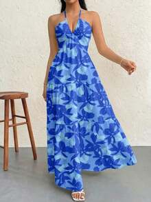 Vestido de gasa para mujer sin espalda con cuello halter y cola larga para vacaciones, bodas o festivales - Azul - Ver 7