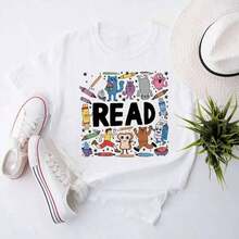 GiftGiftGiftGiftComfort Colots Teacher T-Shirt With Book Print For Kids, Oversized Graphic Tees For Women, Book Lover T-Shirt, Teacher T-Shirt, Elementary School Teacher T-Shirt, Kindergarten T-Shirt, Summer T-Shirts And Tops For Women, Pure Cotton Short Sleeve Crew Neck Urban Style T-Shirt, Soft. Soft - 白色 011 - 查看 3