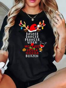 Camiseta de algodón de manga corta para mujer, camiseta casual, camiseta de manga corta con estampado navideño para mujer, cuello redondo, ligeramente elástica. - Negro - Ver 6