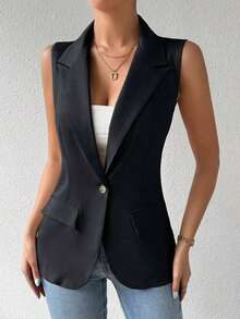 Blazer sin mangas de estilo elegante de color verde oliva para mujer, chaleco casual con solapa y botón en tela tejida lisa, corte regular - Gris Oscuro - Ver 5