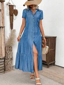 Women's Long Dress With Button Front, Flared Skirt, Collared Short Sleeves, Made Of Denim Effect Fabric, Elegant Casual Travel Outfit, Fitted Silhouette, Solid Color Elegant Woven Buttoned Long Dress, Suitable For Daily, Office, Wedding, Travel, Spring & Autumn - Navy Blue - View 3