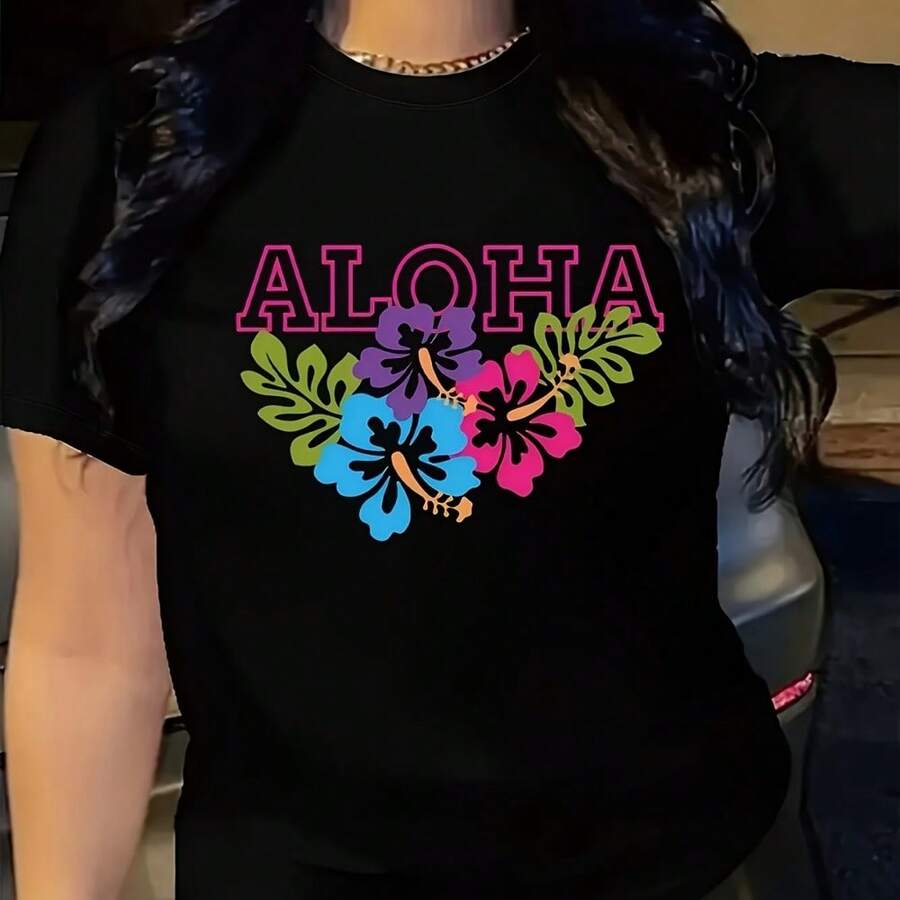 Aloha T-Shirt, Hawaiian Aloha Beach Lovers Summer Vacation Women Casual Shirt US - 黑色 - 查看 1